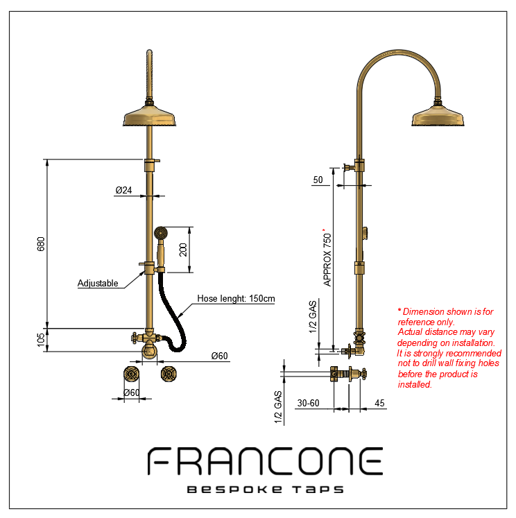 Technical drawing with dimensions for the Francone BTS29 traditional column shower with hand shower.