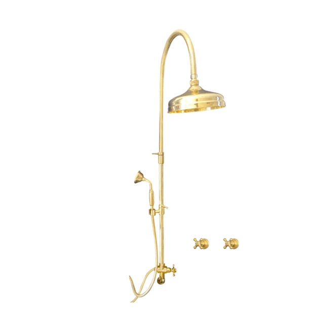 Traditional Francone BTS29 unlacquered brass column shower featuring a rain shower head, hand shower, and dual controls.