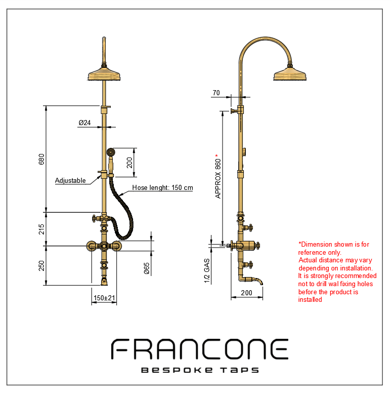Technical drawing with dimensions for the Francone BTS3 exposed thermostatic column shower.