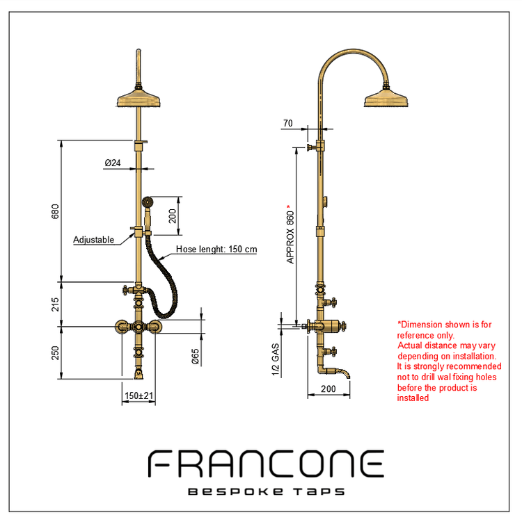Technical drawing with dimensions for the Francone BTS3 exposed thermostatic column shower.