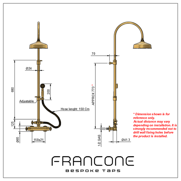 Technical drawing with dimensions for the Francone BTS30 thermostatic solid brass column shower with hand shower.