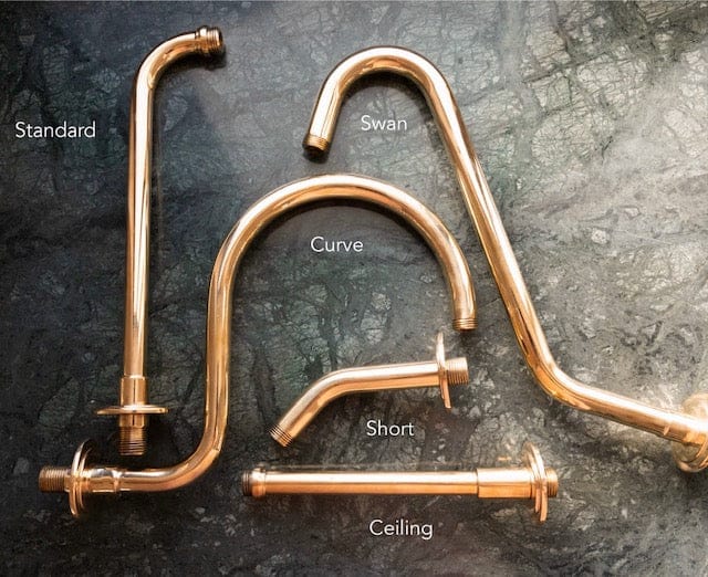 Francone BTS32 solid brass shower arm options, featuring standard, curve, swan, short, and ceiling designs.