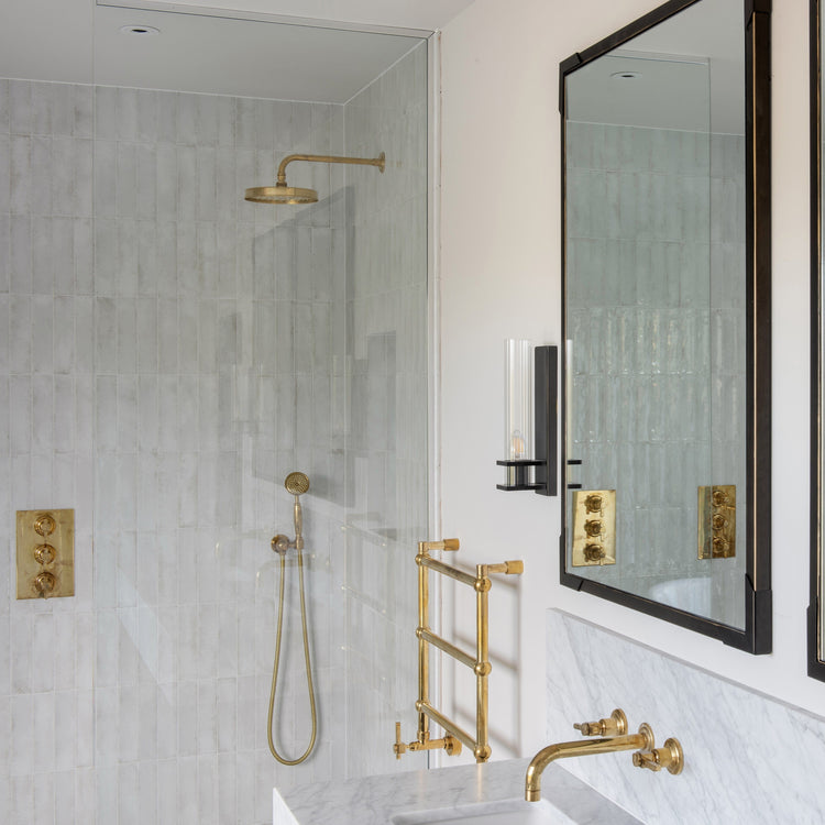 An installed Francone BTS34 solid brass concealed thermostatic shower with an overhead rose and hand shower.