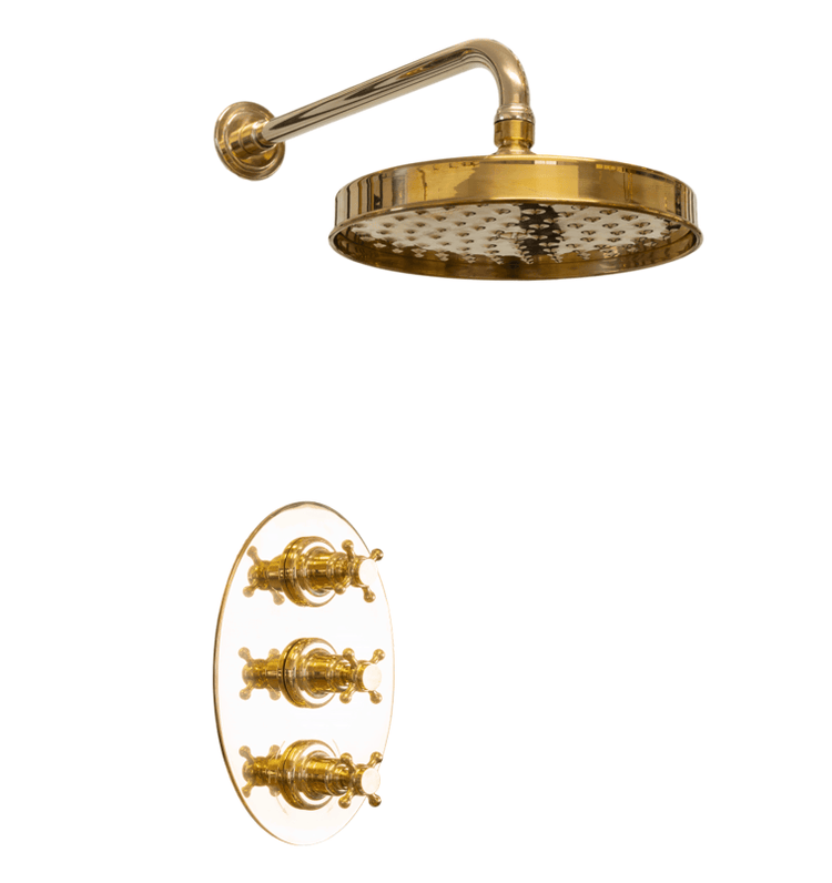 Francone BTS34 traditional thermostatic shower set in unlacquered brass with a round shower head and oval control plate.