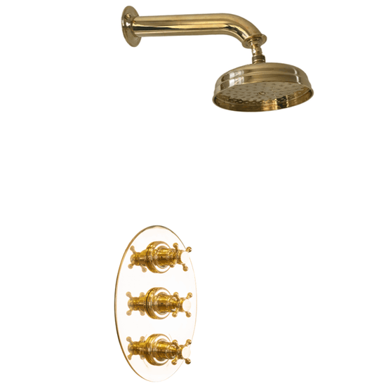 Francone BTS36 traditional unlacquered brass thermostatic shower with an oval backplate and XL arm.