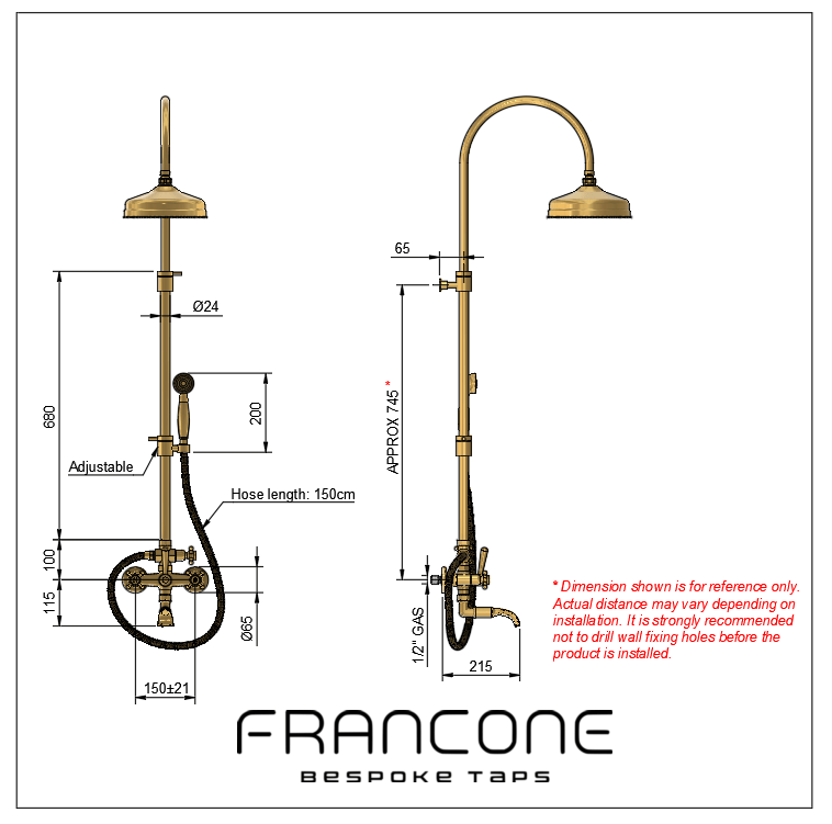 Technical drawing with dimensions for the Francone BTS38 traditional solid brass column shower.