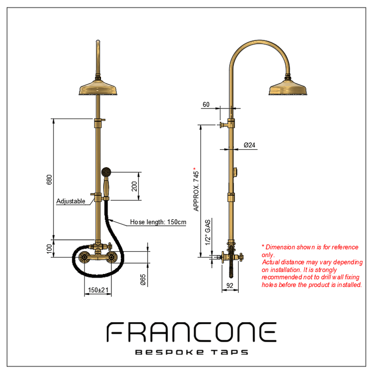 Technical drawing with dimensions for the Francone BTS39 traditional solid brass column shower.