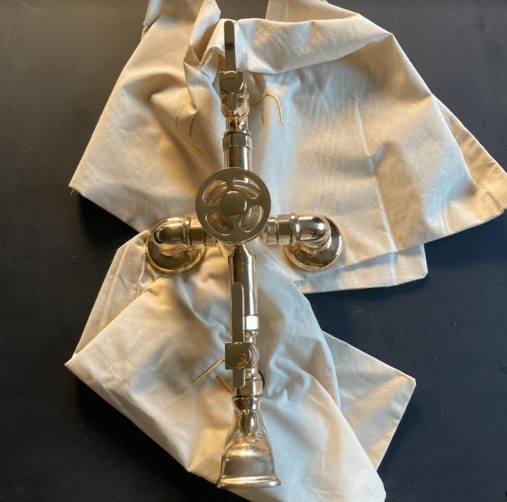 Francone BTS3D solid brass column shower valve detail showing the traditional wheel and lever handles.