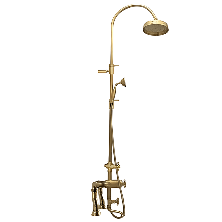 Francone BTS3D unlacquered brass exposed deck mounted thermostatic column shower with bath filler.