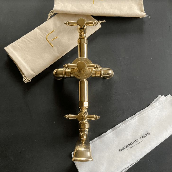 Unlacquered brass Francone BTS3F floor mounted thermostatic shower valve and bath filler faucet.