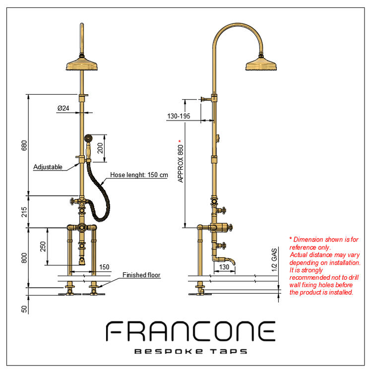 Technical drawing with dimensions for the Francone BTS3F floor mounted thermostatic column shower.