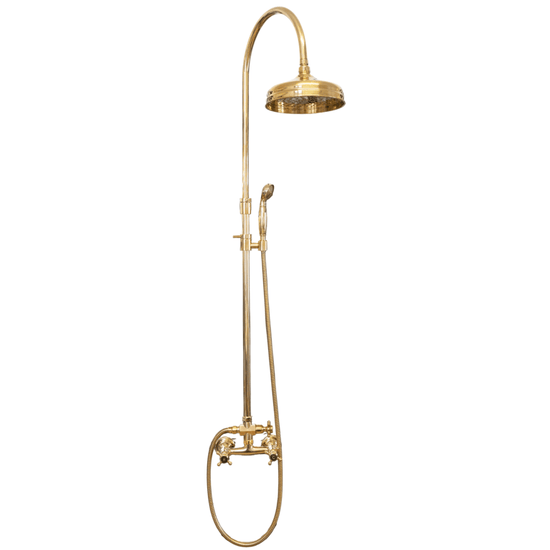 Francone BTS4 traditional column shower with adjustable hand shower in unlacquered brass.