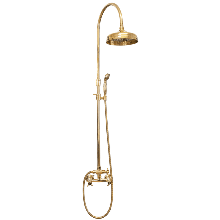Francone BTS4 traditional column shower with adjustable hand shower in unlacquered brass.