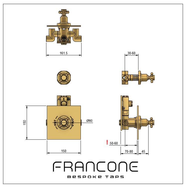 Technical drawing with dimensions for the Francone BTS41 concealed thermostatic shower valve in solid brass.