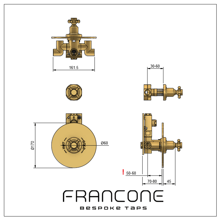 Technical drawing with dimensions for the Francone BTS41 solid brass concealed thermostatic shower valve.