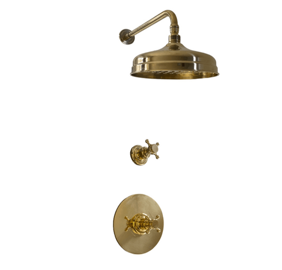 Francone BTS41 wall-mounted thermostatic shower set in unlacquered brass with a single bespoke handle.