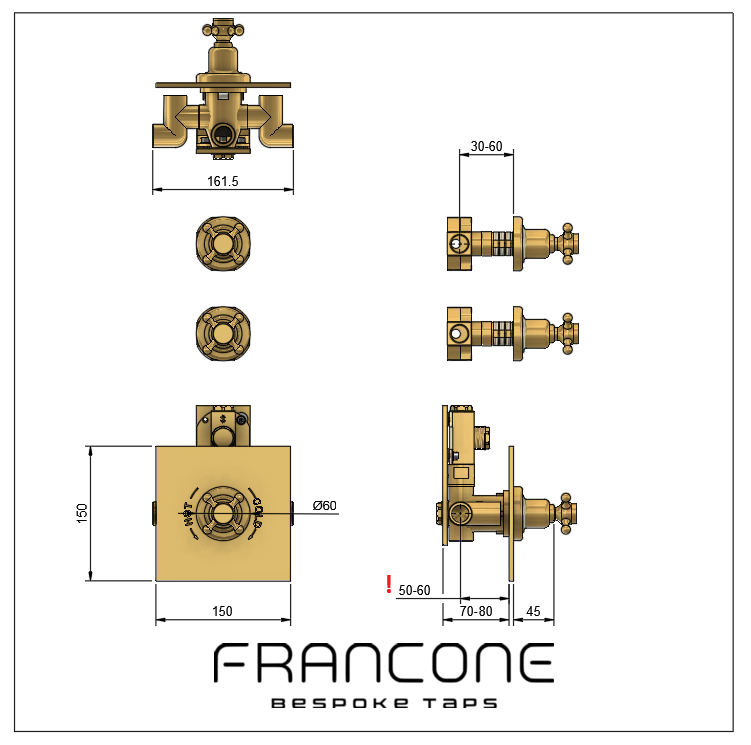 Technical drawing with dimensions for the Francone BTS41D solid brass concealed thermostatic shower.
