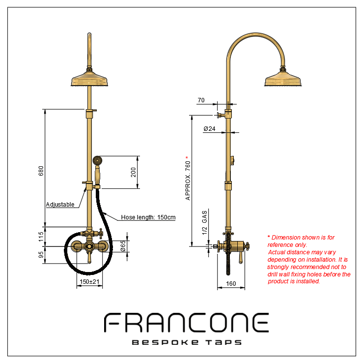 Technical drawing with dimensions for the Francone BTS42 solid brass exposed thermostatic column shower.
