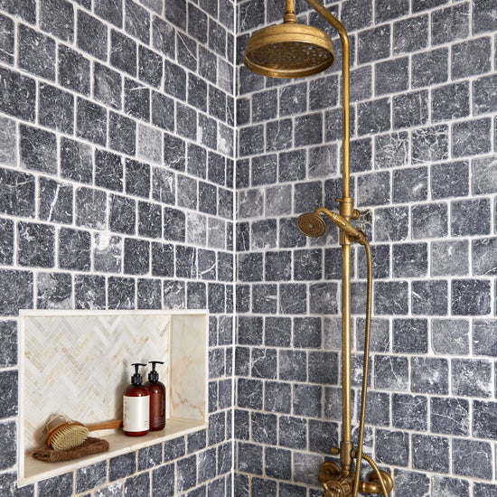 Installed Francone BTS42 unlacquered brass thermostatic column shower with hand shower.