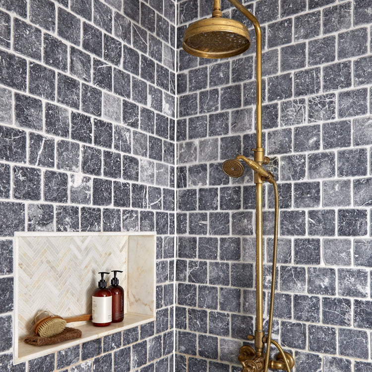 Installed Francone BTS42 unlacquered brass thermostatic column shower with hand shower.