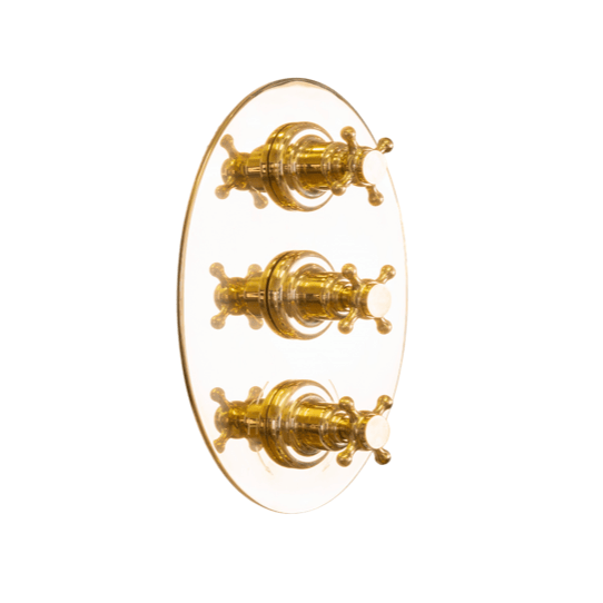 A traditional Francone BTS43 oval thermostatic shower valve in unlacquered brass, made in Italy.