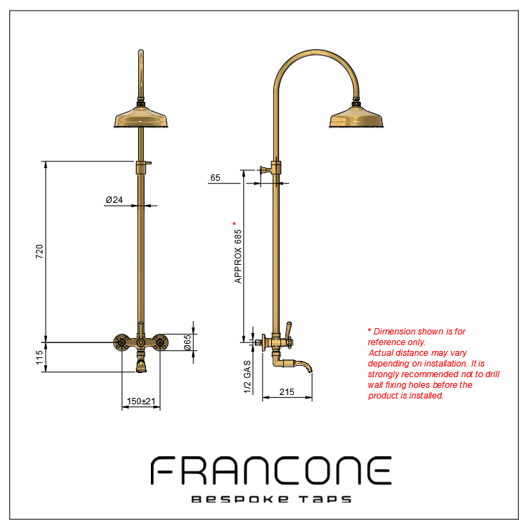 Technical drawing with dimensions for the Francone BTS44 traditional solid brass column shower with bath filler.