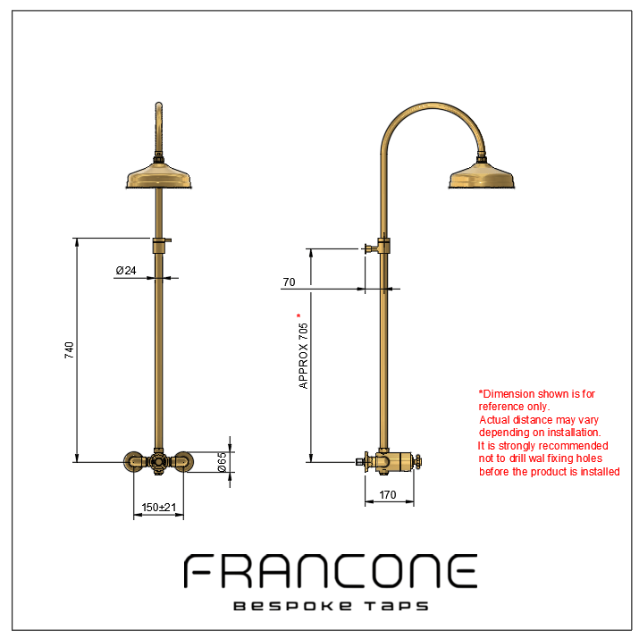 Technical drawing with dimensions for the Francone BTS45 solid brass exposed thermostatic column shower.