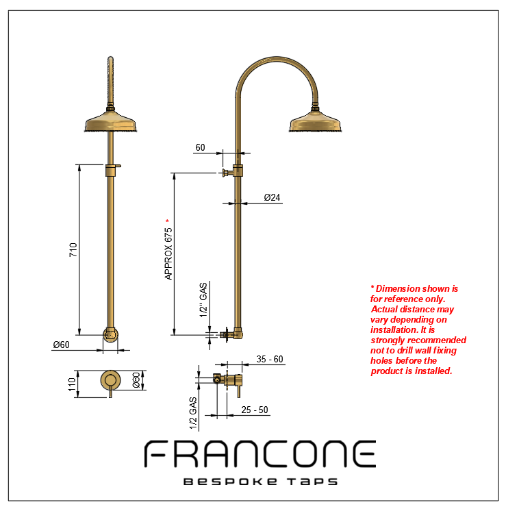 Technical drawing with dimensions for the Francone BTS46 solid brass column shower with mixer.
