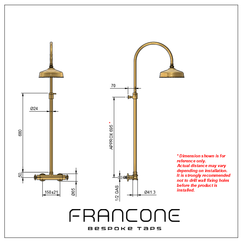 Technical drawing with dimensions for the Francone BTS47 solid brass thermostatic column shower.