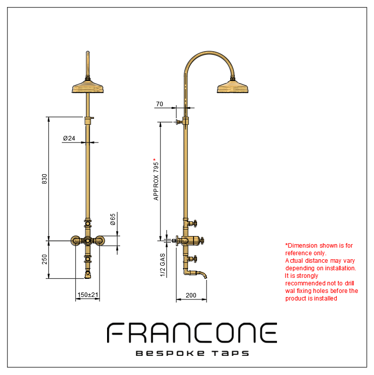 Francone BTS48 solid brass exposed thermostatic column shower with bath filler technical drawing with dimensions.