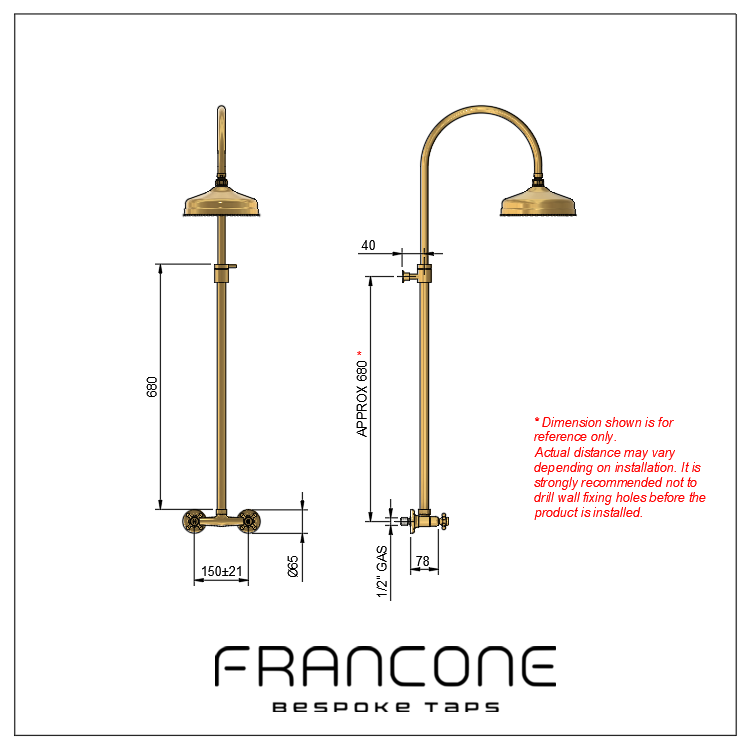 Technical drawing with dimensions for the Francone BTS49 classic column shower in solid brass.