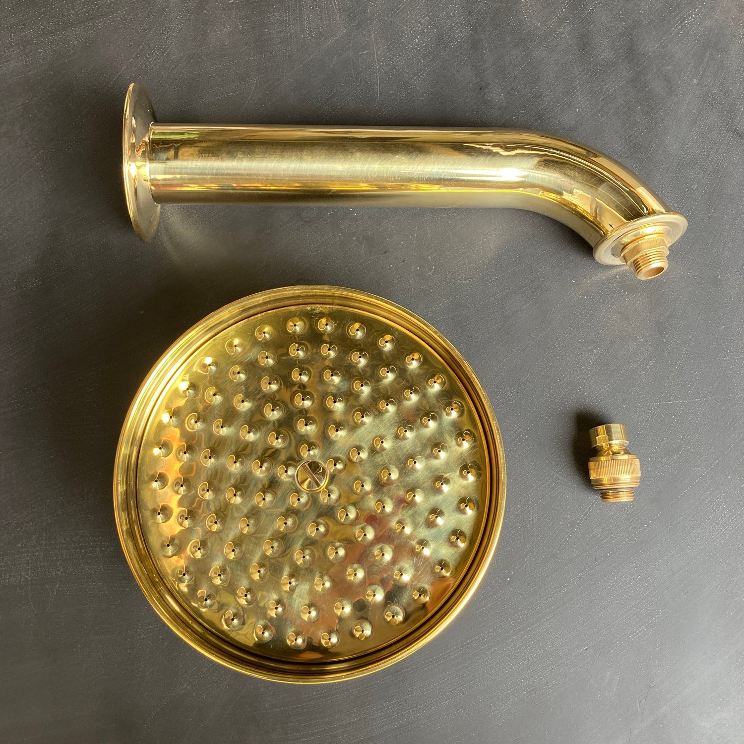 Francone BTS5 round unlacquered brass shower head and wall-mounted arm for traditional luxury bathrooms.