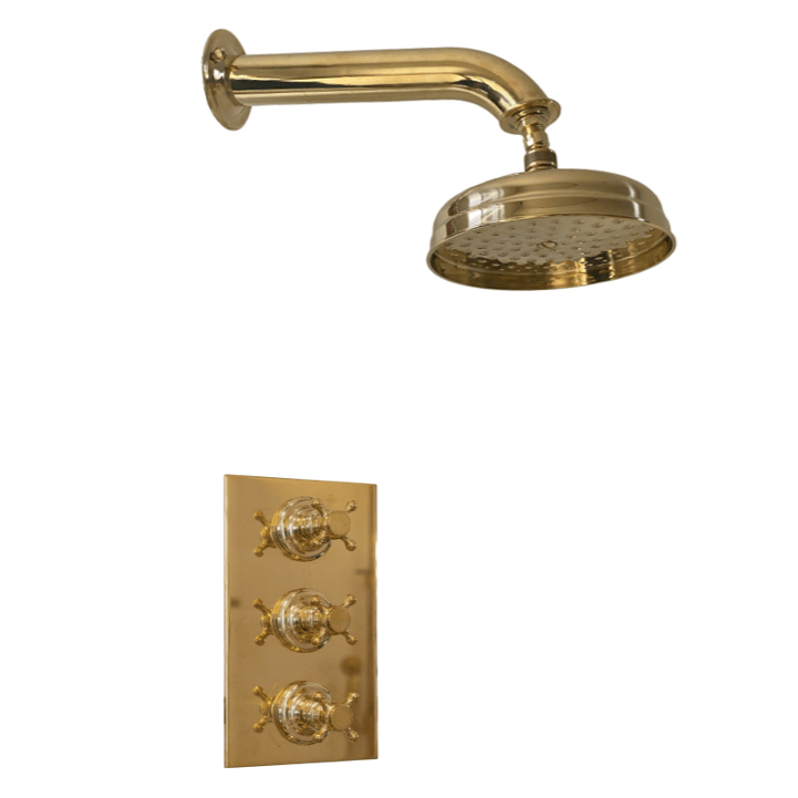 Traditional Francone BTS5 concealed thermostatic shower with classic XL arm in unlacquered brass.