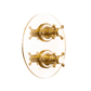 An oval Francone BTS52 thermostatic shower mixer in unlacquered brass with traditional cross handles.