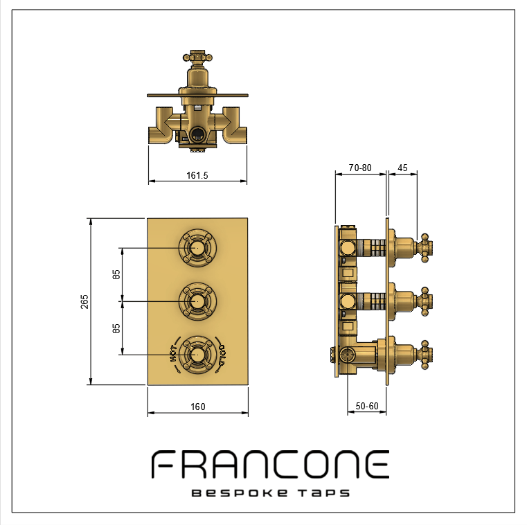 Technical drawing with dimensions of the Francone BTS53 solid brass thermostatic shower valve plate.