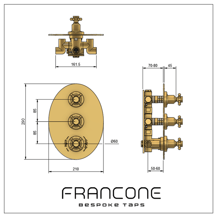 Technical drawing with dimensions for the Francone BTS53 solid brass concealed thermostatic shower valve.