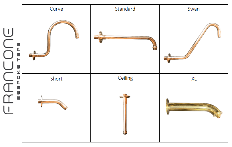 Francone BTS54 solid brass shower arm design options including standard, swan, ceiling, and curve shapes.
