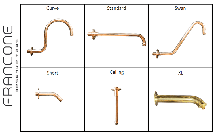 Francone BTS54 solid brass shower arm design options including standard, swan, ceiling, and curve shapes.