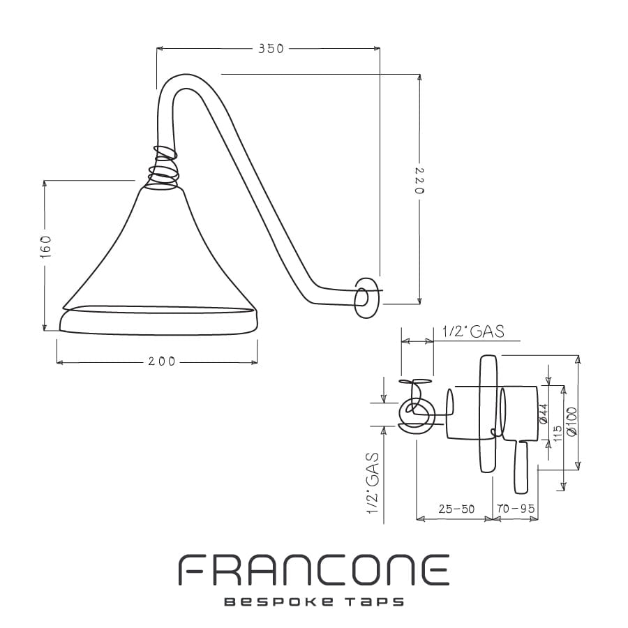 Technical drawing with dimensions for the Francone BTS55 solid brass wall mounted progressive shower mixer.