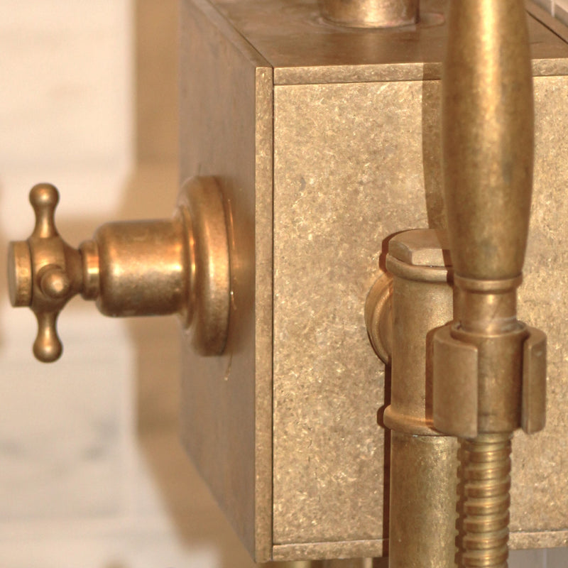 Detail of the brass control valve and handle on the Francone BTS56 box thermostatic column shower.