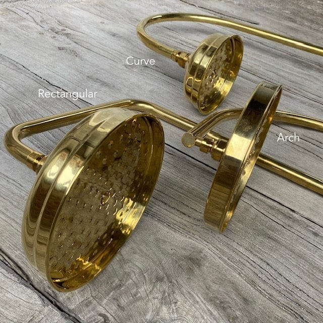 Three solid brass shower head arm shape options for the Francone BTS56 column shower, labeled curve, rectangular, and arch.