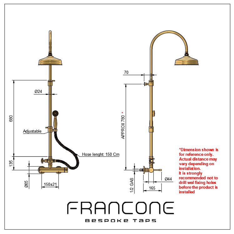 Technical drawing with dimensions for the Francone BTS60 solid brass column shower with hand shower and mixer.