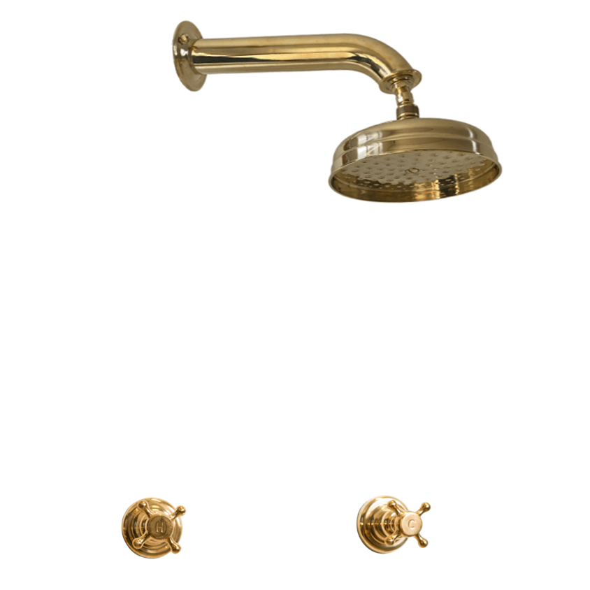 Traditional unlacquered brass wall-mounted shower faucet set, Francone BTS9 with classic hot and cold taps.