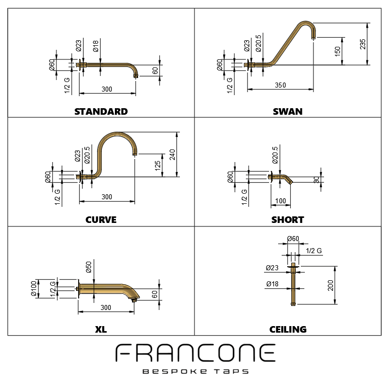 Technical drawing with dimensions for the Francone BTSA solid brass shower arm design options.