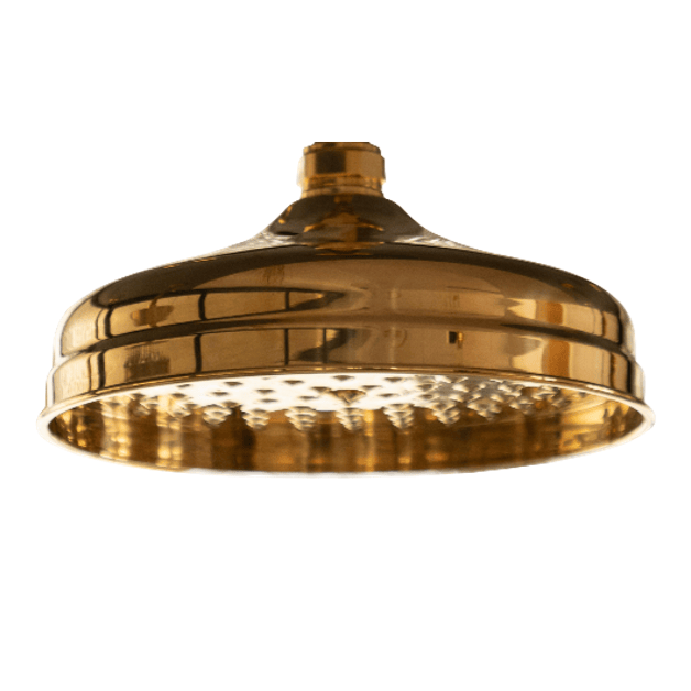 Round Francone BTSH shower head in unlacquered brass, handcrafted for a traditional bathroom.