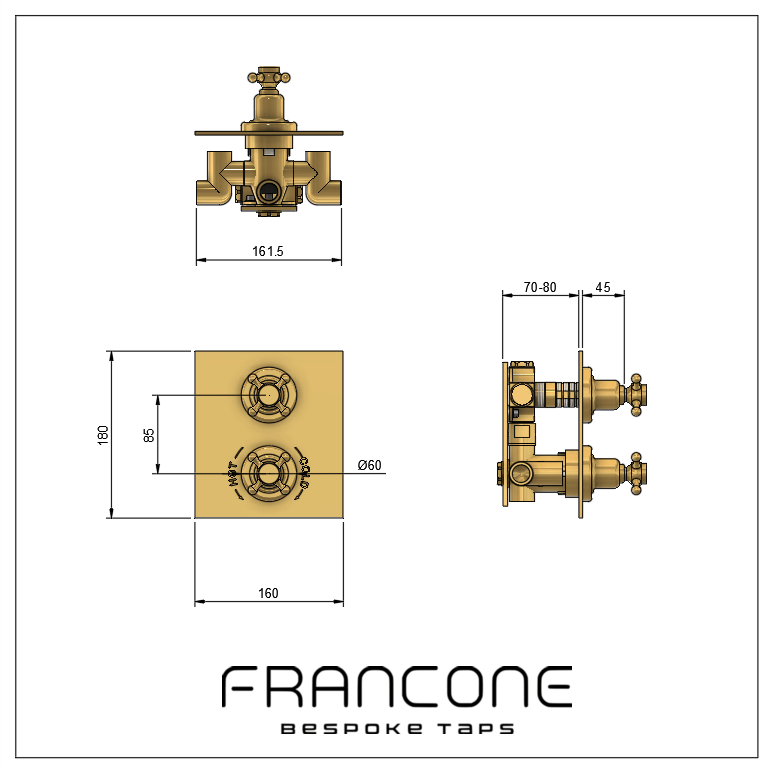 Technical drawing with dimensions for the Francone BTST2 solid brass thermostatic shower mixer.