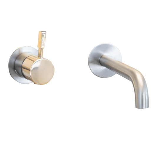 Francone SS42 wall-mounted bathroom mixer tap, also a faucet, handcrafted in mixed metal brass finishes.
