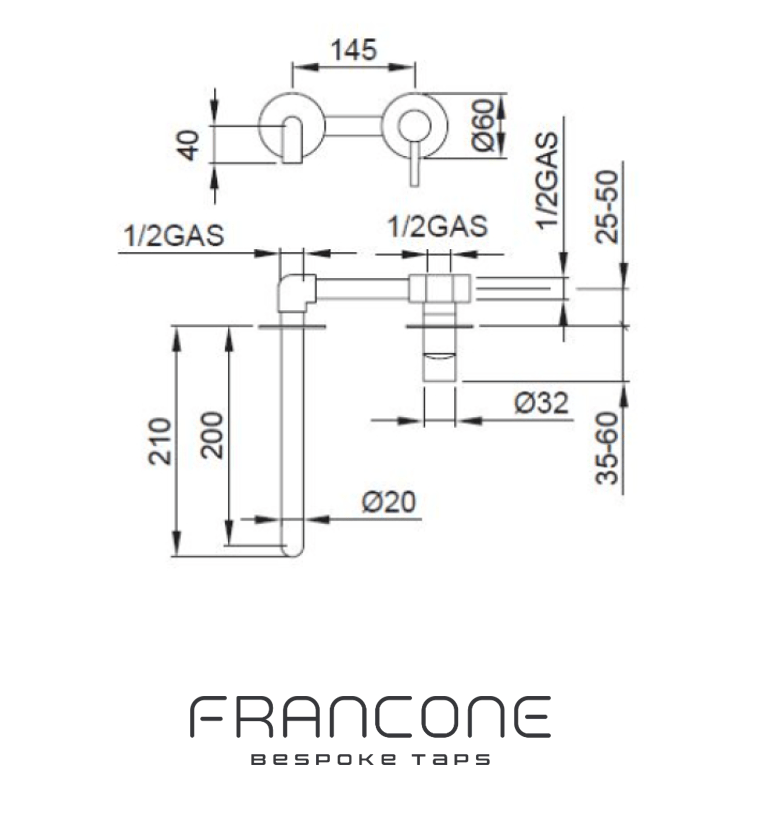 Technical drawing with dimensions for the Francone SS42 wall-mounted solid brass mixer tap and bathroom faucet.