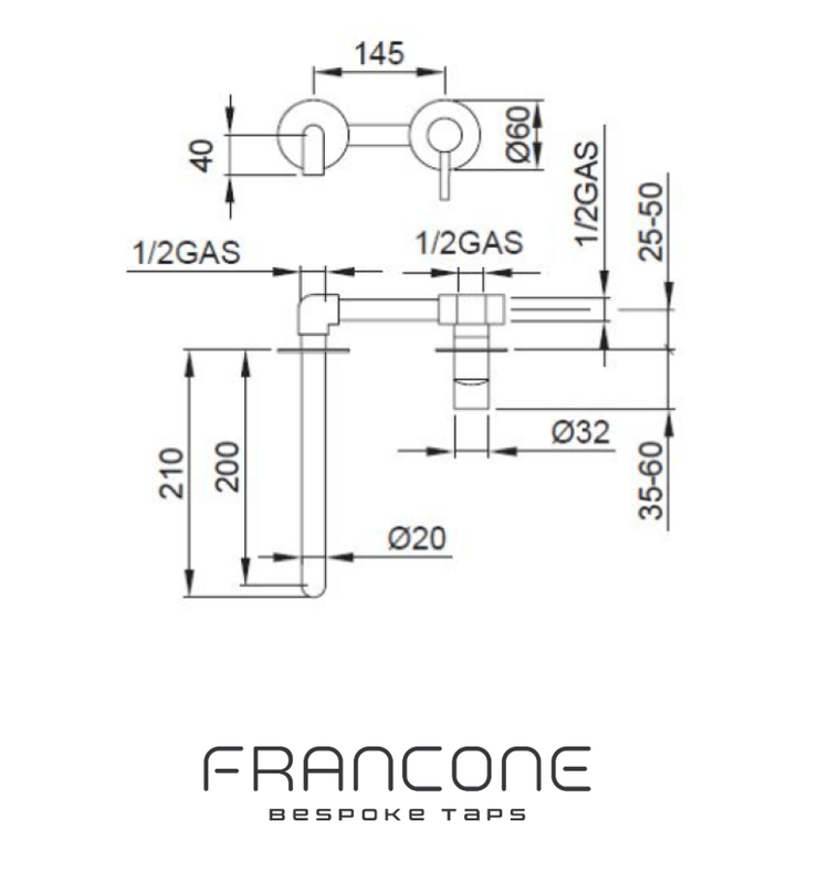 Technical drawing with dimensions for the Francone SS42 wall-mounted solid brass mixer tap and bathroom faucet.
