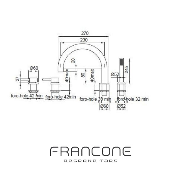 Technical drawing with dimensions for the Francone SS52 solid brass bath filler mixer tap and faucet.